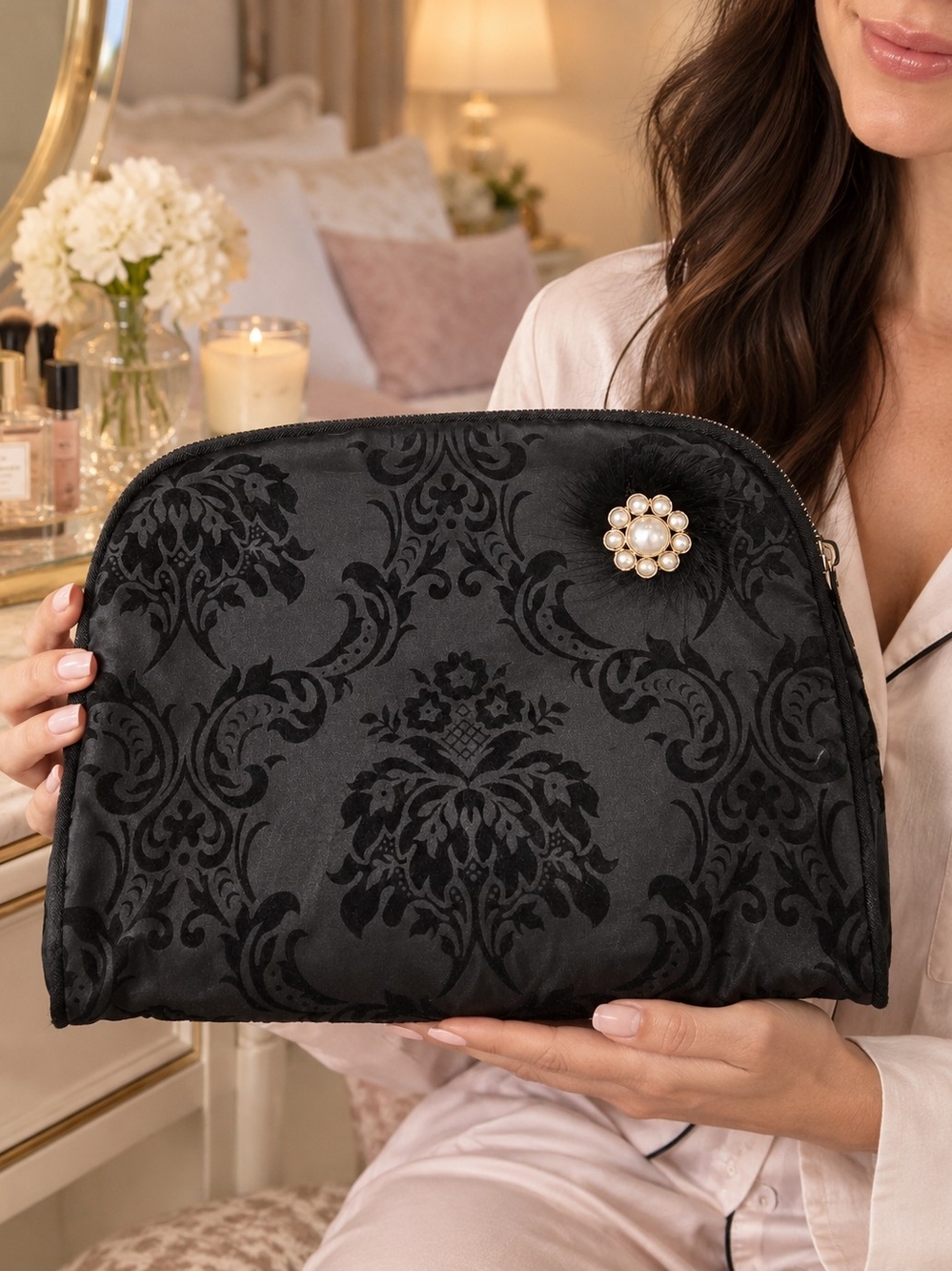 Elegant Black Damask Cosmetic Pouch with Pearl Brooch, Like New